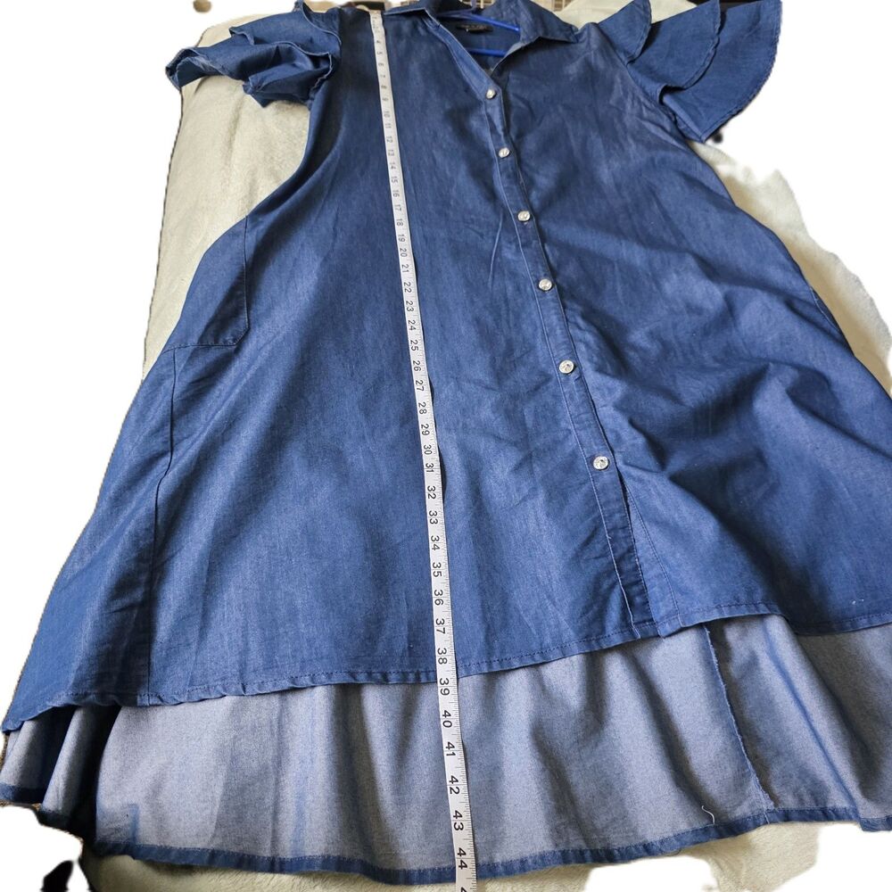 Step In Style Denim Dress M Blue Chambray Tiered Ruffle Sleeve High Low Boho - Picture 6 of 8